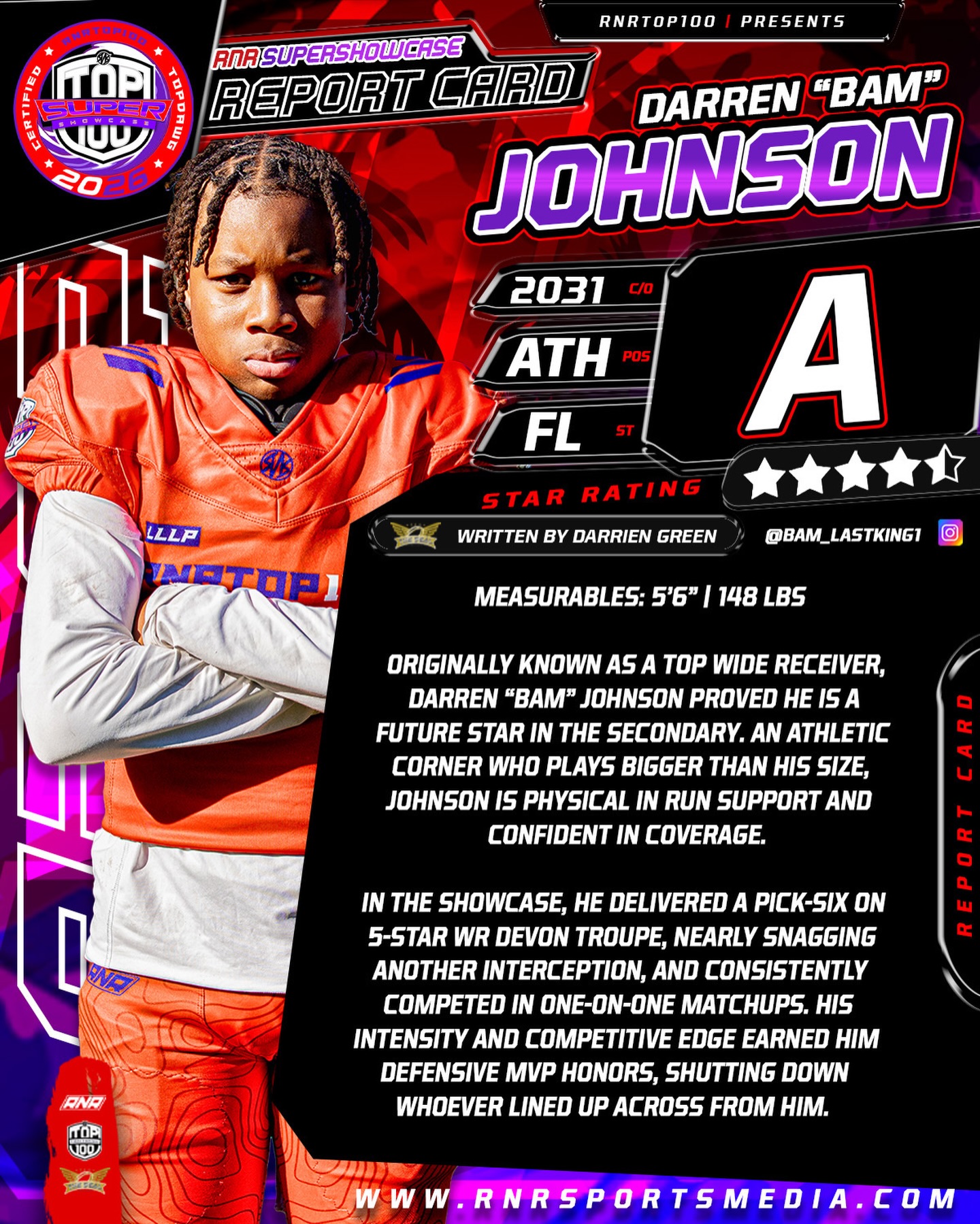 RNR Super Showcase Defensive MVP: DB Darren "Bam" Johnson (Class of 2031)